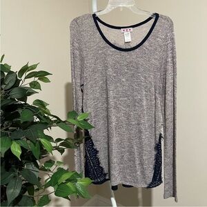 THREE PINK HEARTS Trixxi Grey and Navy long
sleeve sweater with Lace detail